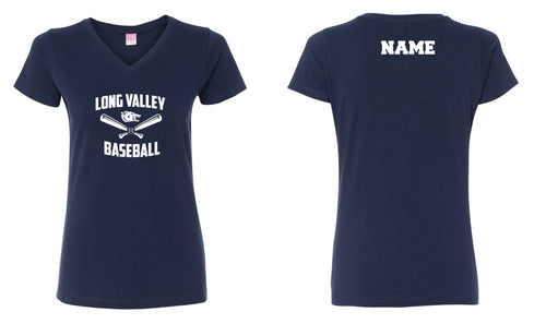 Long Valley Baseball Cotton Women's V-Neck Tee - Navy