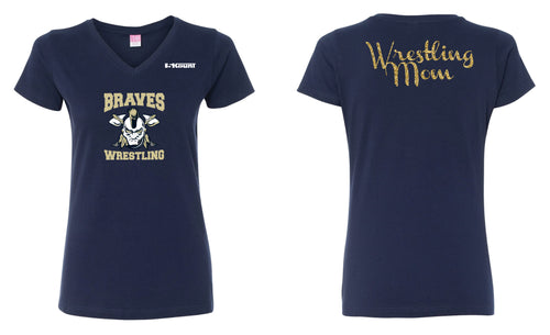 Braves Wrestling Mom Glitter Cotton Women's V-Neck Tee - Navy - 5KounT2018