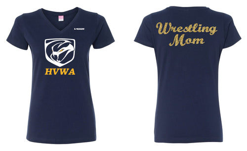 HVWA Wrestling Mom Cotton Women's V-Neck Tee - Navy - 5KounT2018