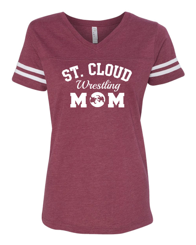 St. Cloud HS Wrestling V-Neck Baseball Shirt Mom - Maroon/Grey - 5KounT