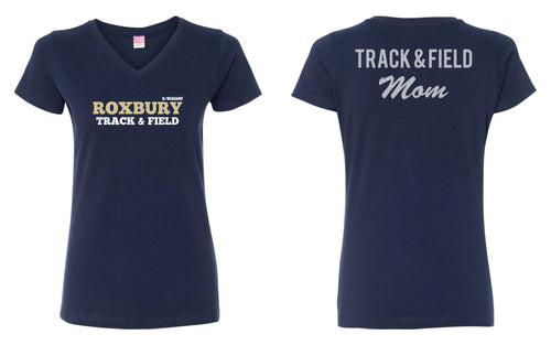 Roxbury Track & Field Mom Glitter Cotton Women's V-Neck Tee - Navy - 5KounT2018
