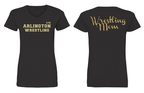 Arlington Wrestling Glitter Cotton Women's V-Neck Tee - Black - 5KounT2018