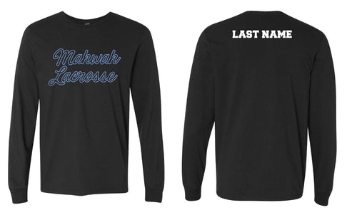 Mahwah Lacrosse Cotton Crew Long Sleeve Tee - Black (Design 1)